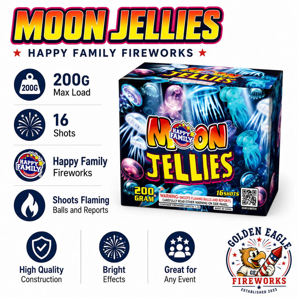 Golden Eagle Fireworks Happy Family Moon Jellies 200g fireworks cake, 16 shots shoots flaming balls and reports, bioluminescent jellyfish packaging UN0336 1.4G, Houston TX