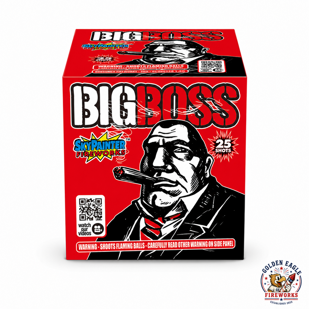 Golden Eagle Fireworks Big Boss 200g fireworks cake by Sky Painter Fireworks, 25 shots red dahlia blue dahlia gold willow green cracker purple flower red plum, Houston TX