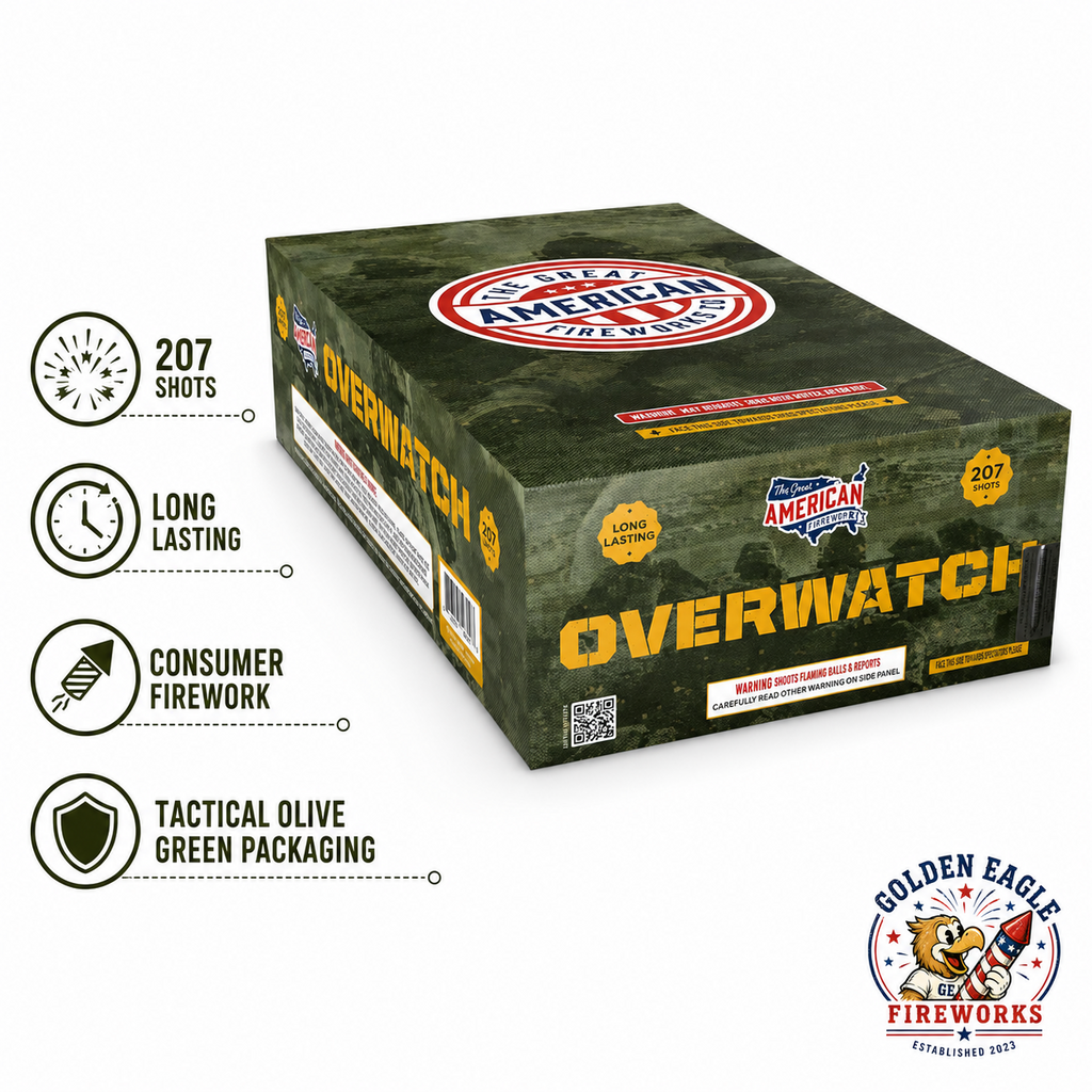 Overwatch multi-shot fireworks barrage with 207 shots and extended duration sold by Golden Eagle Fireworks near Houston, Kingwood and Atascocita Texas.