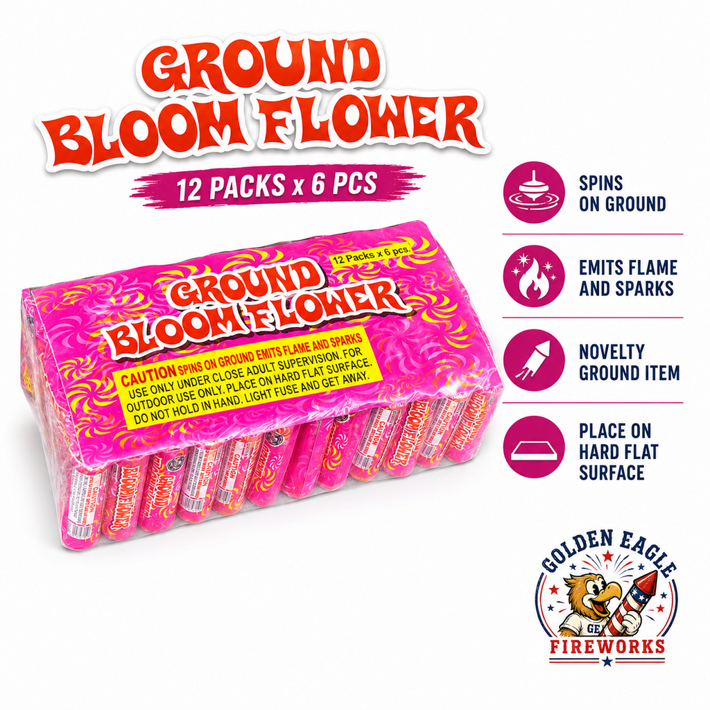 Ground Bloom Flower spinning ground fireworks feature image, spins on ground, emits flame and sparks, novelty ground item design, and outdoor celebration use from Golden Eagle Fireworks.
