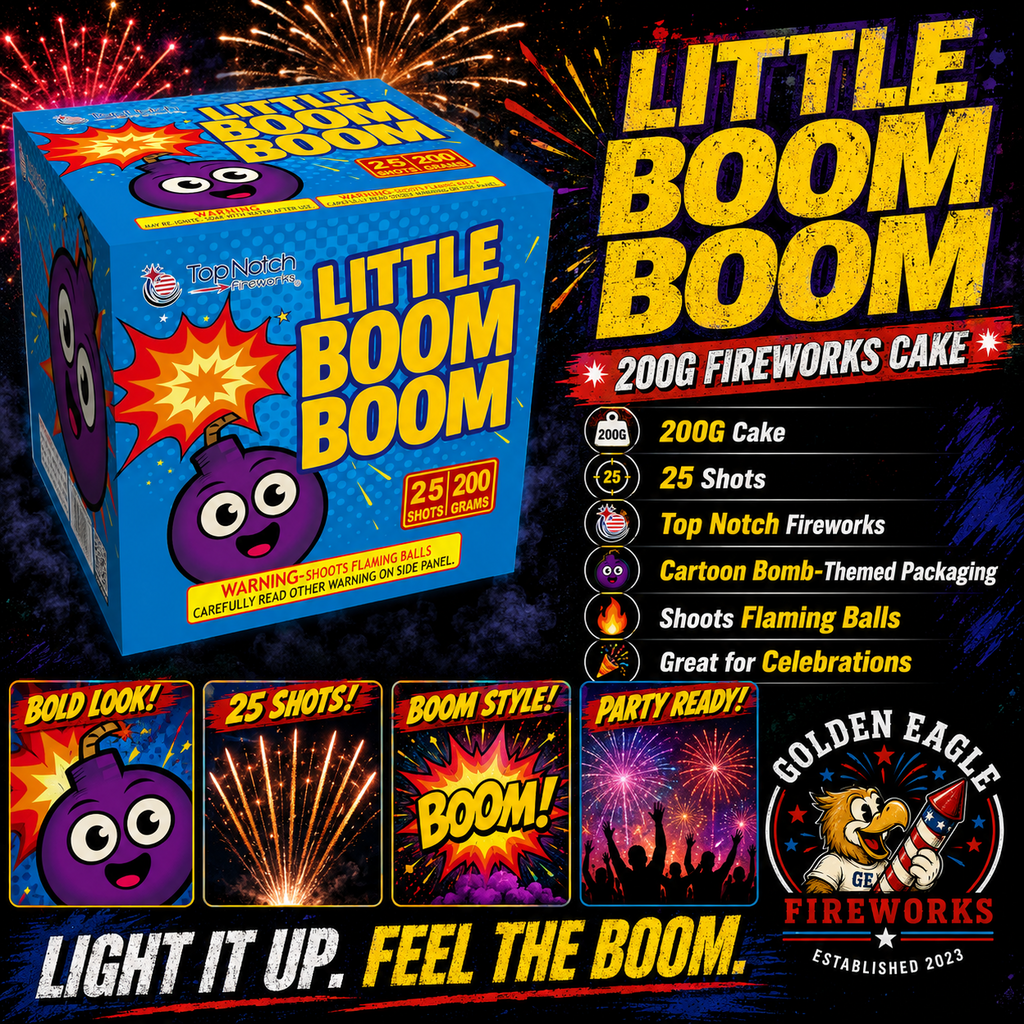 Golden Eagle Fireworks Top Notch Little Boom Boom 200g fireworks cake hero — 25 shots, cartoon bomb themed packaging, flaming balls bright effects party ready, light it up feel the boom Houston TX