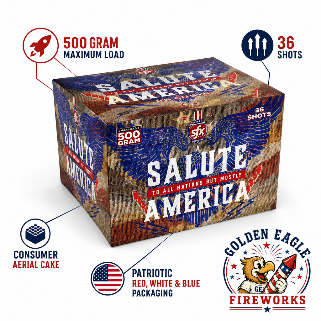 Salute America 36-shot consumer aerial cake with 500 gram maximum load, red white and blue patriotic fireworks cake designed for backyard celebrations