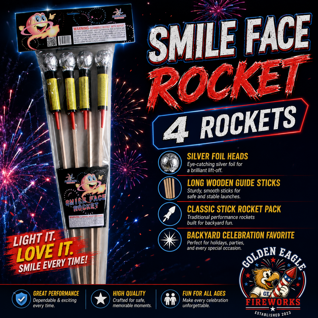 Golden Eagle Fireworks Smile Face Rocket 4-pack hero infographic with silver foil heads, long wooden guide sticks, classic stick rocket pack, and backyard celebration fireworks in Houston TX.