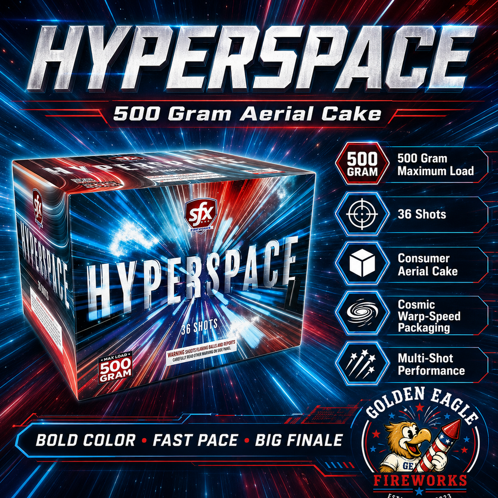 Hyperspace 500 gram aerial fireworks cake from Golden Eagle Fireworks featuring 36 shots, cosmic warp-speed artwork and high-energy backyard performance.