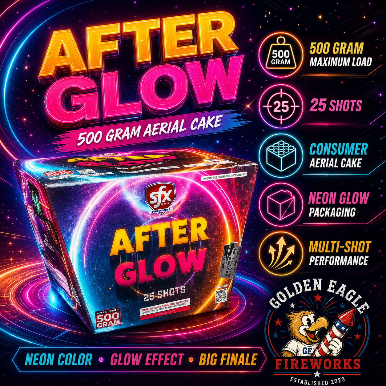 After Glow 500 gram aerial fireworks cake delivering 25 shots with vivid colors, bright aerial effects, and neon-themed packaging sold by Golden Eagle Fireworks.