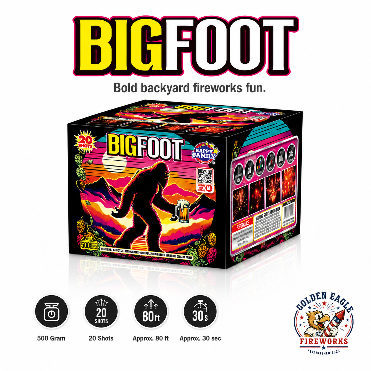 Bigfoot 500g 20-shot fireworks cake reaching approximately 80 feet for 30 seconds — bold sunset Sasquatch packaging, sold at Golden Eagle Fireworks Houston TX