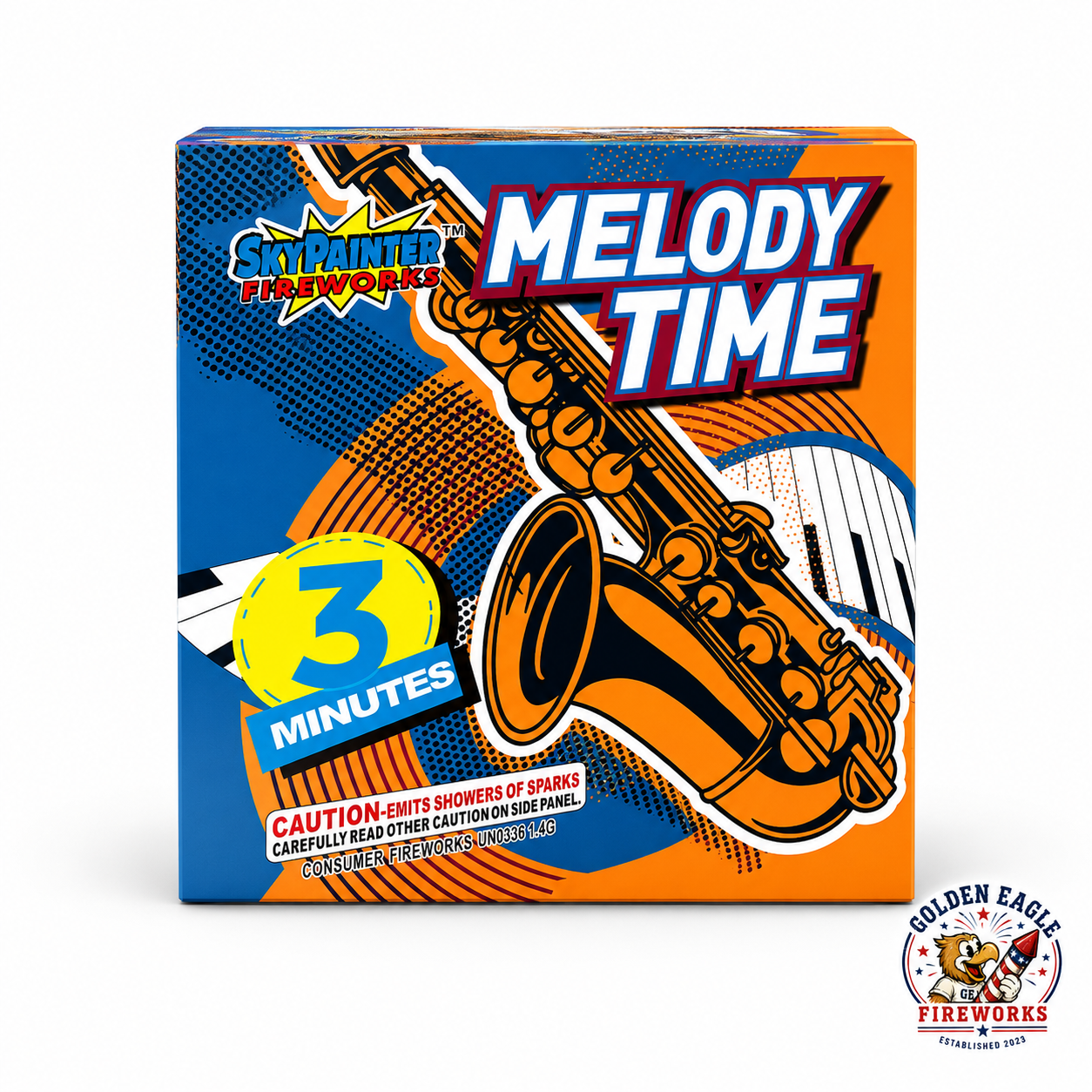 Melody Time fireworks cake from SkyPainter Fireworks featuring an approximately 3-minute consumer fireworks display, available at Golden Eagle Fireworks.