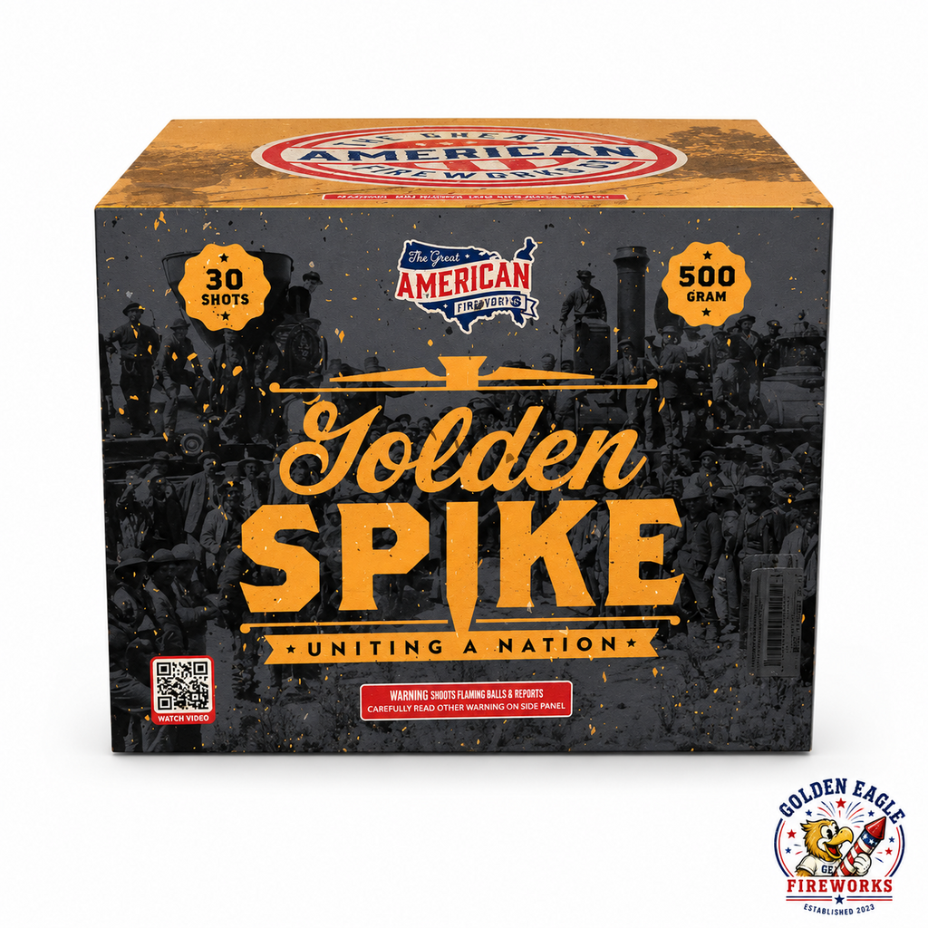 Golden Spike 500 gram aerial cake by The Great American Fireworks — 30 shots, bold vintage patriotic packaging, available at Golden Eagle Fireworks
