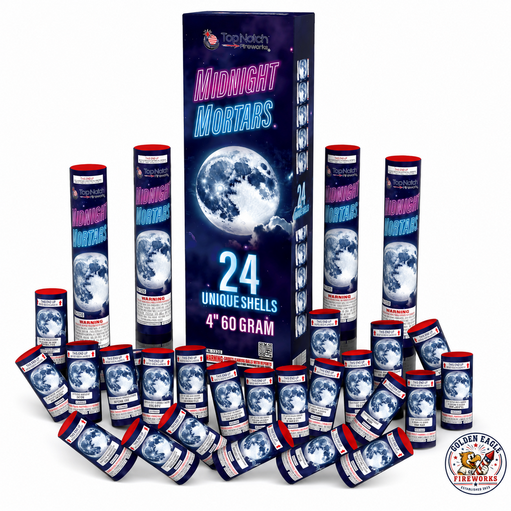 Midnight Mortars 24-shell canister shell kit featuring 4-inch 60 gram mortar shells, launch tubes, premium moon-themed packaging, and consumer fireworks from Golden Eagle Fireworks.
