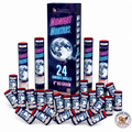 Midnight Mortars 24-shell canister shell kit featuring 4-inch 60 gram mortar shells, launch tubes, premium moon-themed packaging, and consumer fireworks from Golden Eagle Fireworks.
