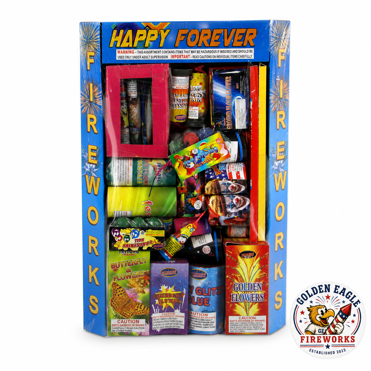 Happy Forever assorted fireworks variety pack featuring fountains, novelties, flowers, and mixed consumer fireworks from Golden Eagle Fireworks.