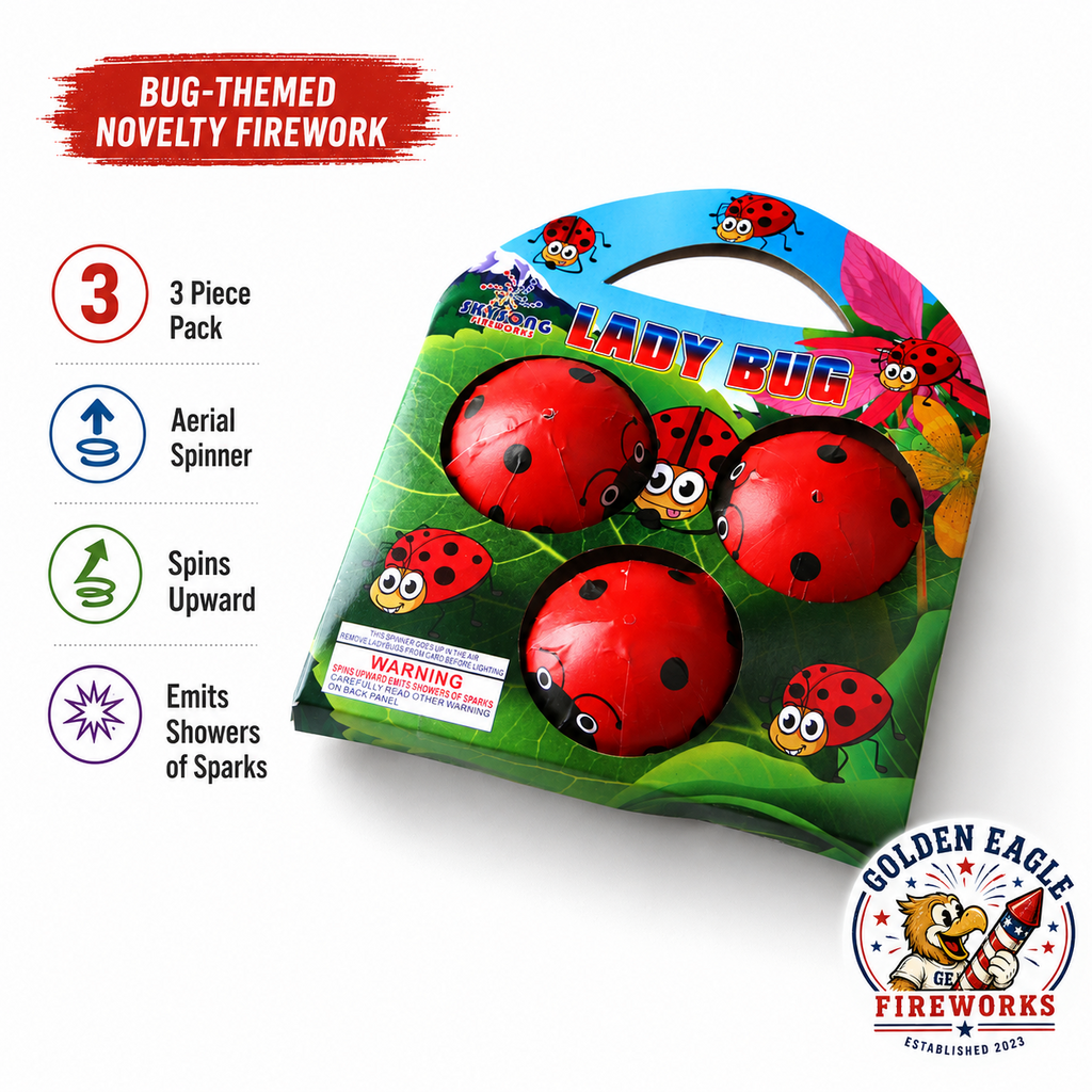 Lady Bug novelty fireworks featuring a 3-piece aerial spinner pack, upward spinning action, showers of sparks, and family-friendly consumer fireworks from Golden Eagle Fireworks.