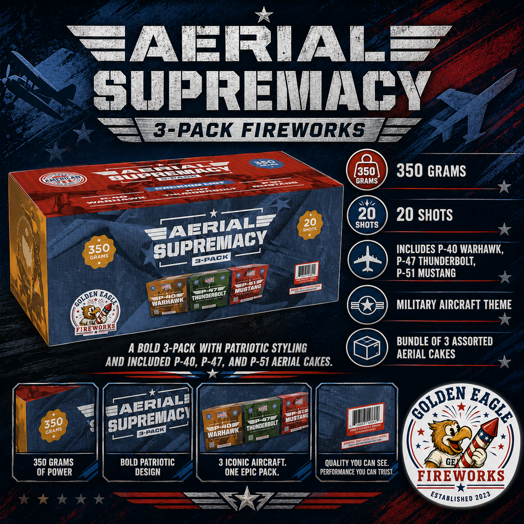 Aerial Supremacy 3 pack fireworks featuring three assorted aerial cakes, 350 gram power, 20 shots per cake, patriotic military aircraft theme, and celebration-ready packaging available at Golden Eagle Fireworks.