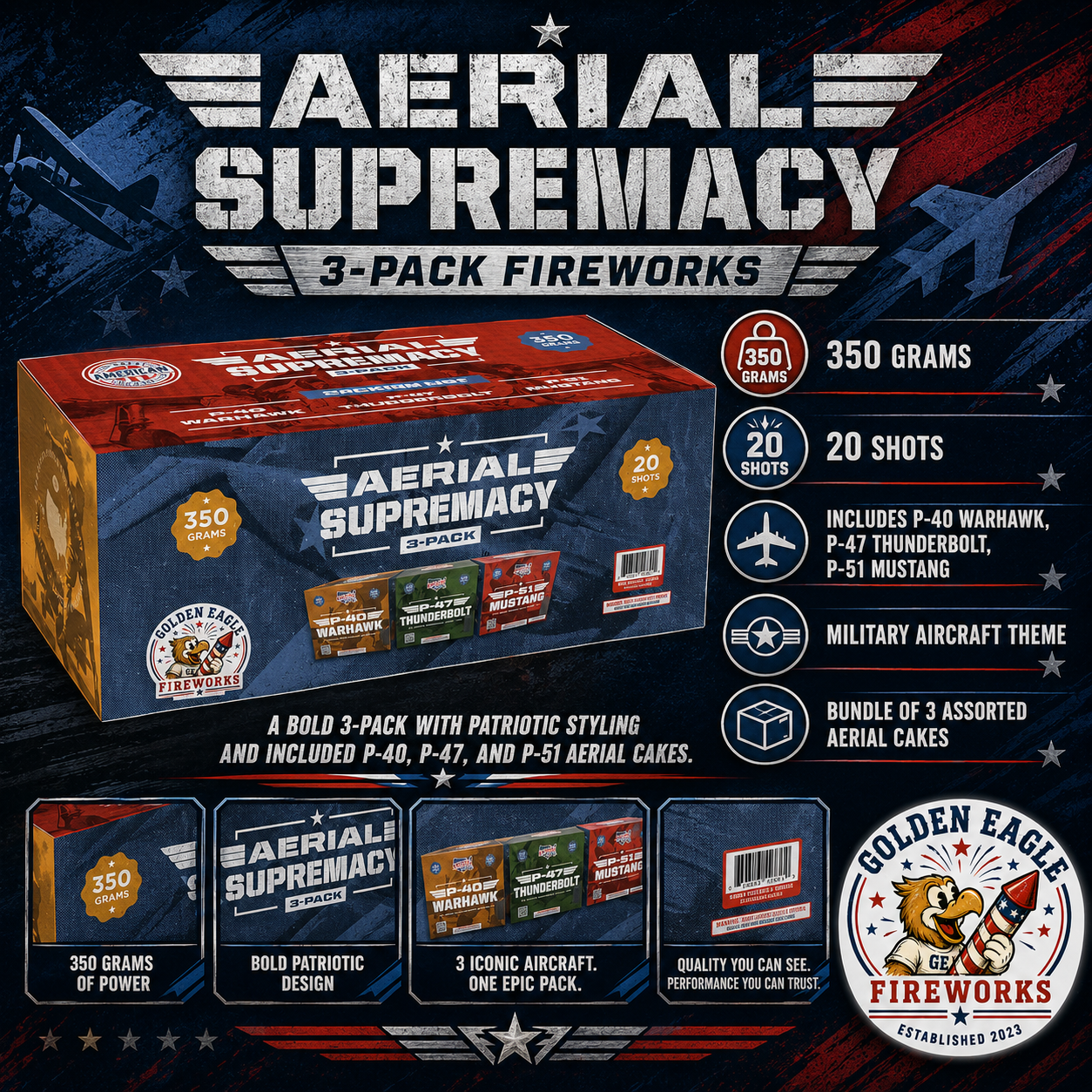 Aerial Supremacy 3 pack fireworks featuring three assorted aerial cakes, 350 gram power, 20 shots per cake, patriotic military aircraft theme, and celebration-ready packaging available at Golden Eagle Fireworks.