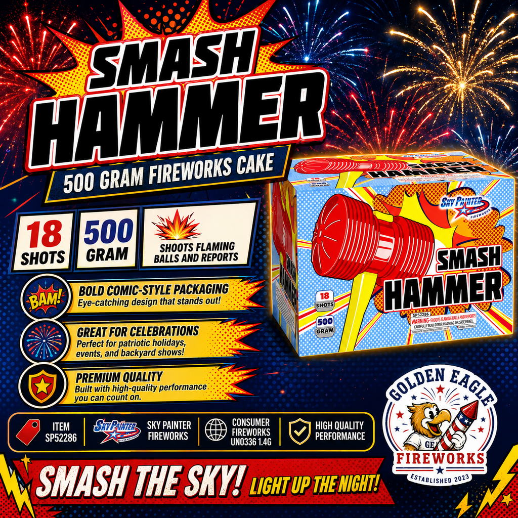 Smash Hammer 500 gram aerial cake by Sky Painter Fireworks — 18 shots, flaming balls and reports, available at Golden Eagle Fireworks