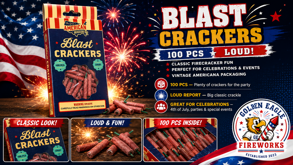 Golden Eagle Fireworks Blast Crackers 100-count, loud report consumer firecrackers with vintage Americana packaging, classic firecracker fun perfect for 4th of July, parties, and special events in Houston TX