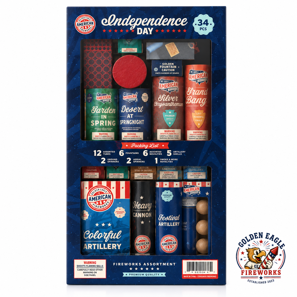 Independence Day 34-piece fireworks assortment featuring artillery shells, fountains, novelties, and patriotic consumer fireworks from Golden Eagle Fireworks.