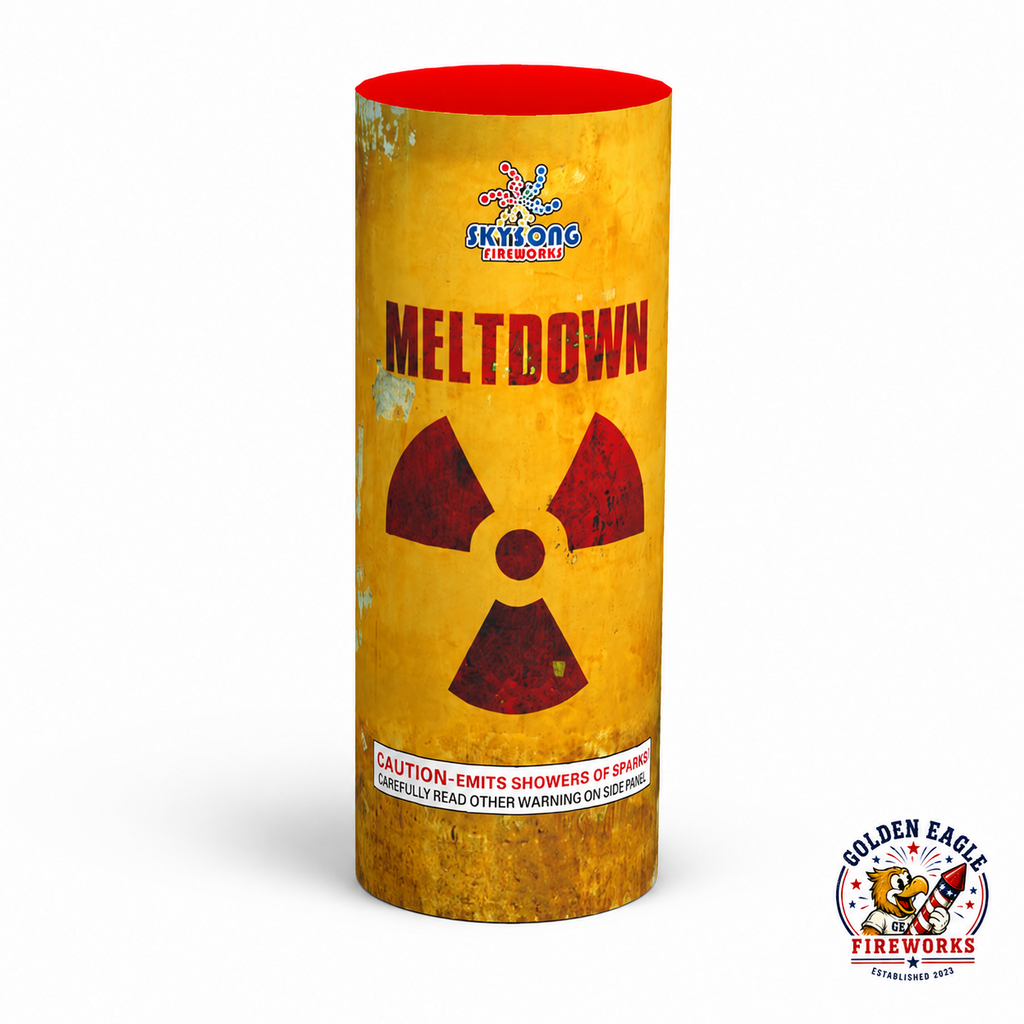 Meltdown fountain firework by Sky Song Fireworks featuring bold yellow hazard-inspired packaging, red radiation-style graphic, cylindrical canister design, and consumer fireworks branding available at Golden Eagle Fireworks.