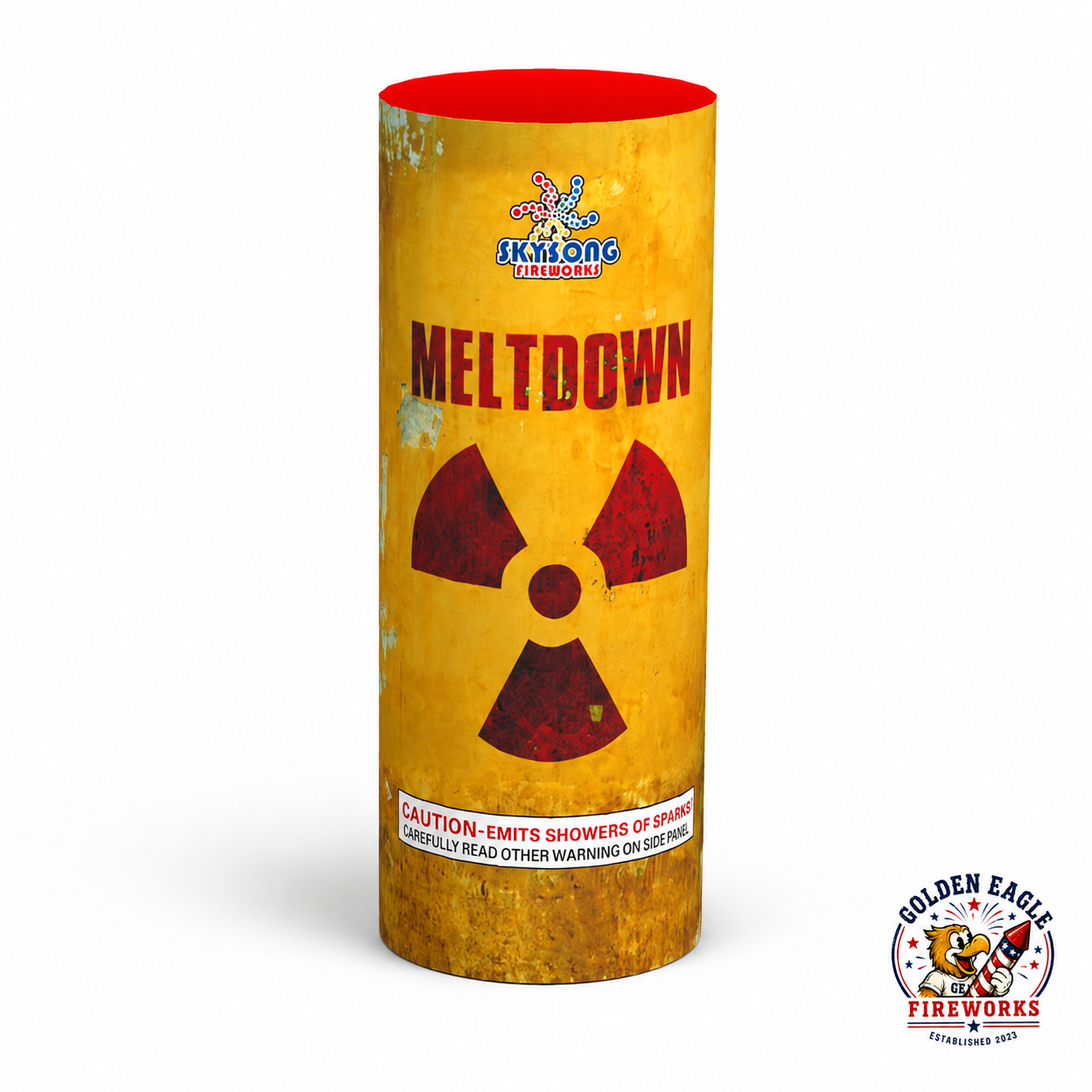 Meltdown fountain firework by Sky Song Fireworks featuring bold yellow hazard-inspired packaging, red radiation-style graphic, cylindrical canister design, and consumer fireworks branding available at Golden Eagle Fireworks.