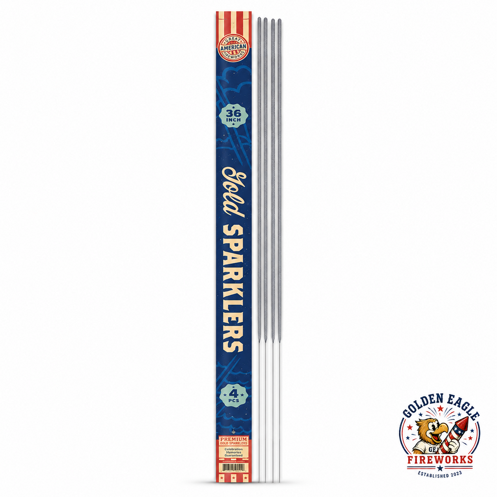 Gold Sparklers 36 inch 4 pack featuring four long handheld sparklers, premium gold sparkling effect, patriotic blue packaging, and celebration-ready fireworks available at Golden Eagle Fireworks.