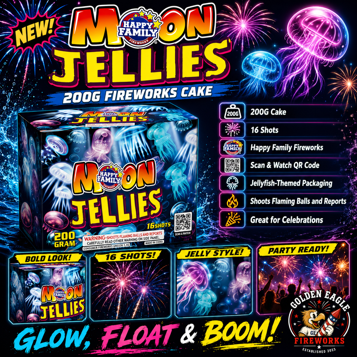 Golden Eagle Fireworks Happy Family Moon Jellies 200g fireworks cake hero — 16 shots, flaming balls and reports, neon jellyfish themed packaging, glow float and boom, Houston TX