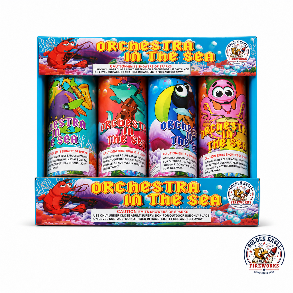 Orchestra in the Sea fountain assortment featuring 4 individual fountain fireworks, colorful sea creature artwork, open display tray packaging, and celebration-ready fireworks available at Golden Eagle Fireworks.
