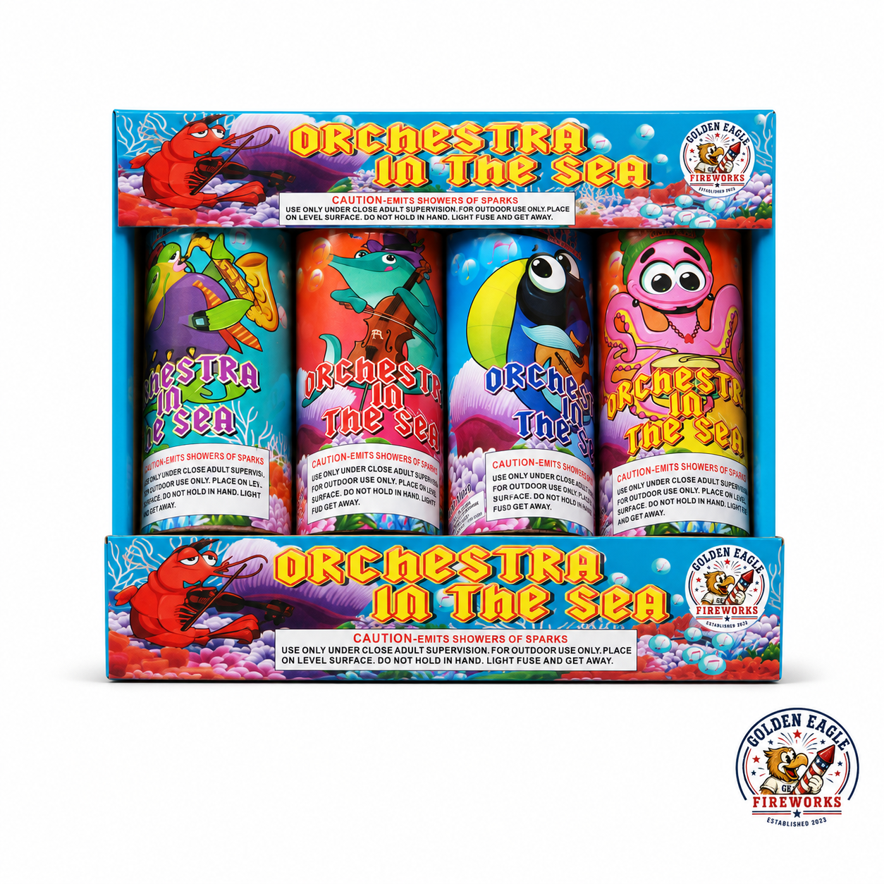 Orchestra in the Sea fountain assortment featuring 4 individual fountain fireworks, colorful sea creature artwork, open display tray packaging, and celebration-ready fireworks available at Golden Eagle Fireworks.