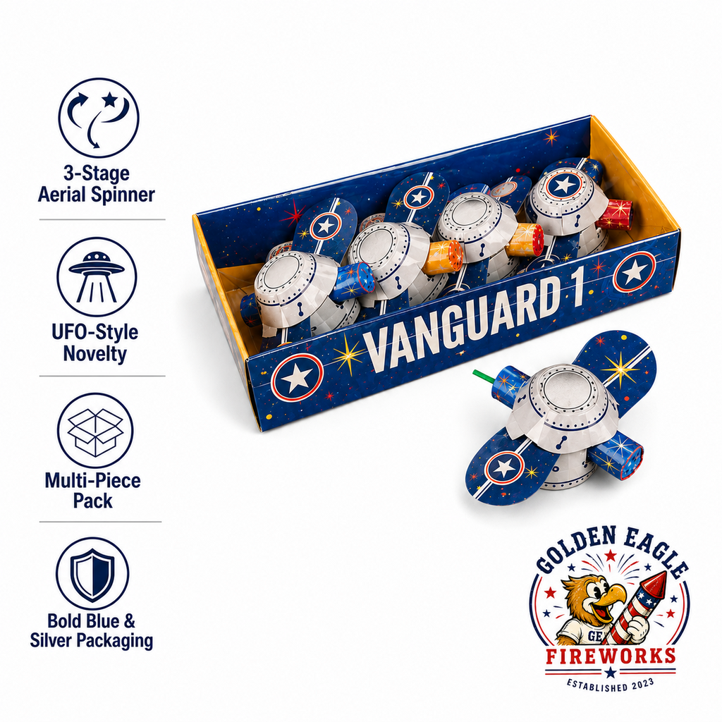 Vanguard 1 novelty spinner fireworks featuring 3-stage aerial spinners, UFO-style design, multi-piece retail pack, and consumer fireworks available at Golden Eagle Fireworks.