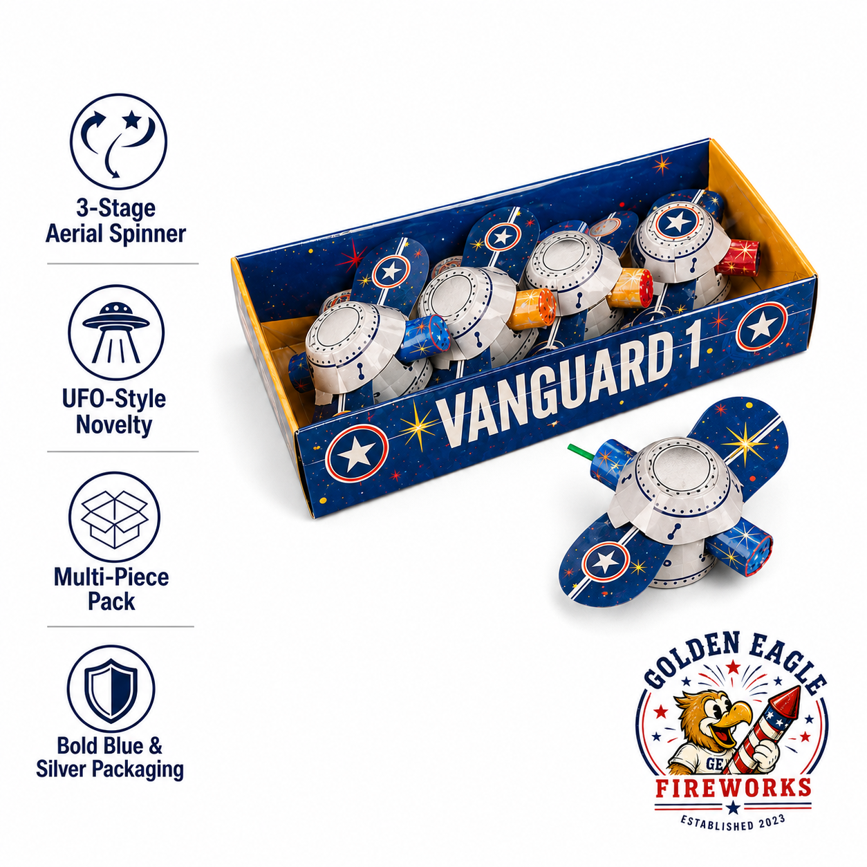 Vanguard 1 novelty spinner fireworks featuring 3-stage aerial spinners, UFO-style design, multi-piece retail pack, and consumer fireworks available at Golden Eagle Fireworks.