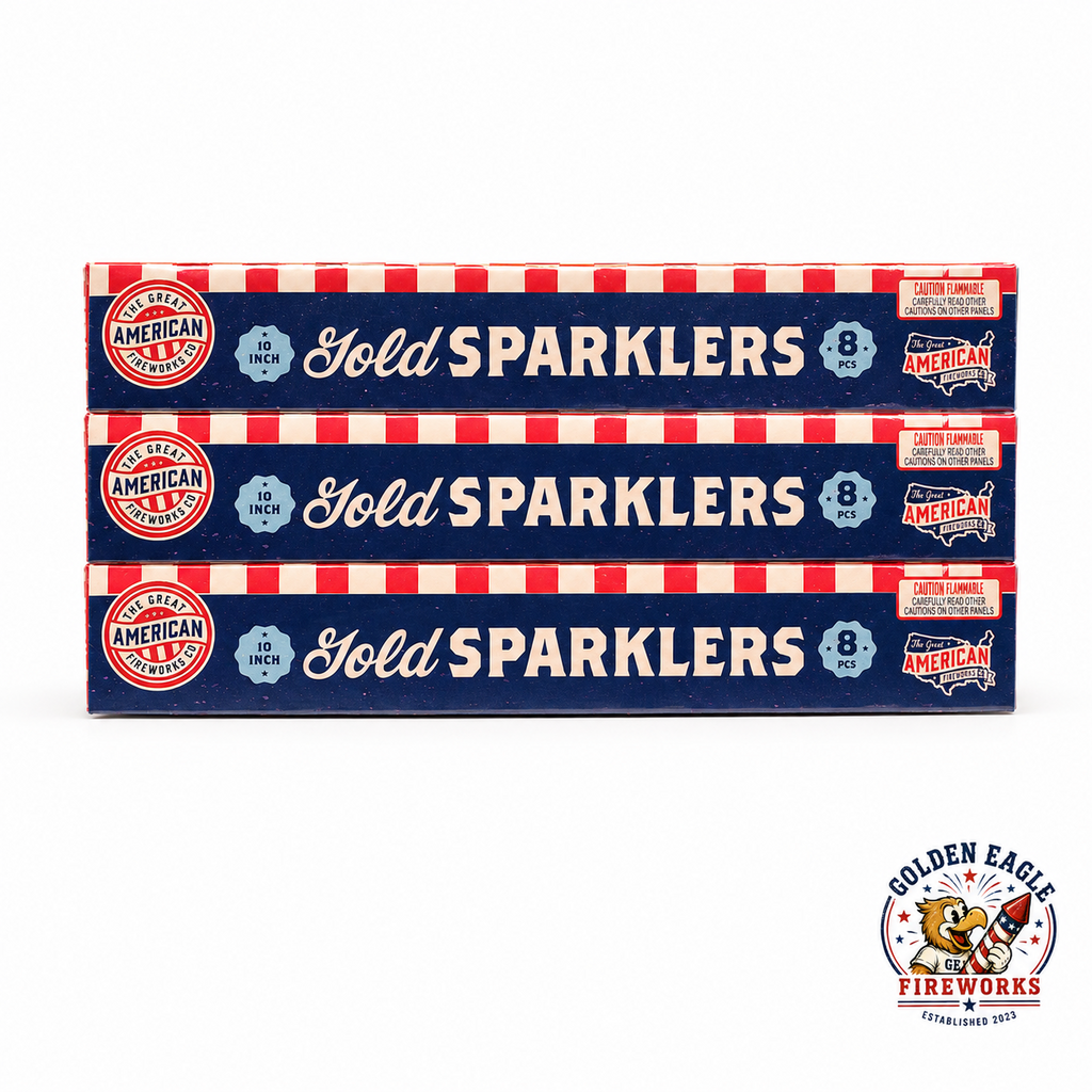 10 inch Gold Sparklers case featuring 12 packs of 8 sparklers, classic red white and blue packaging, handheld novelty fireworks, and celebration sparklers available at Golden Eagle Fireworks.