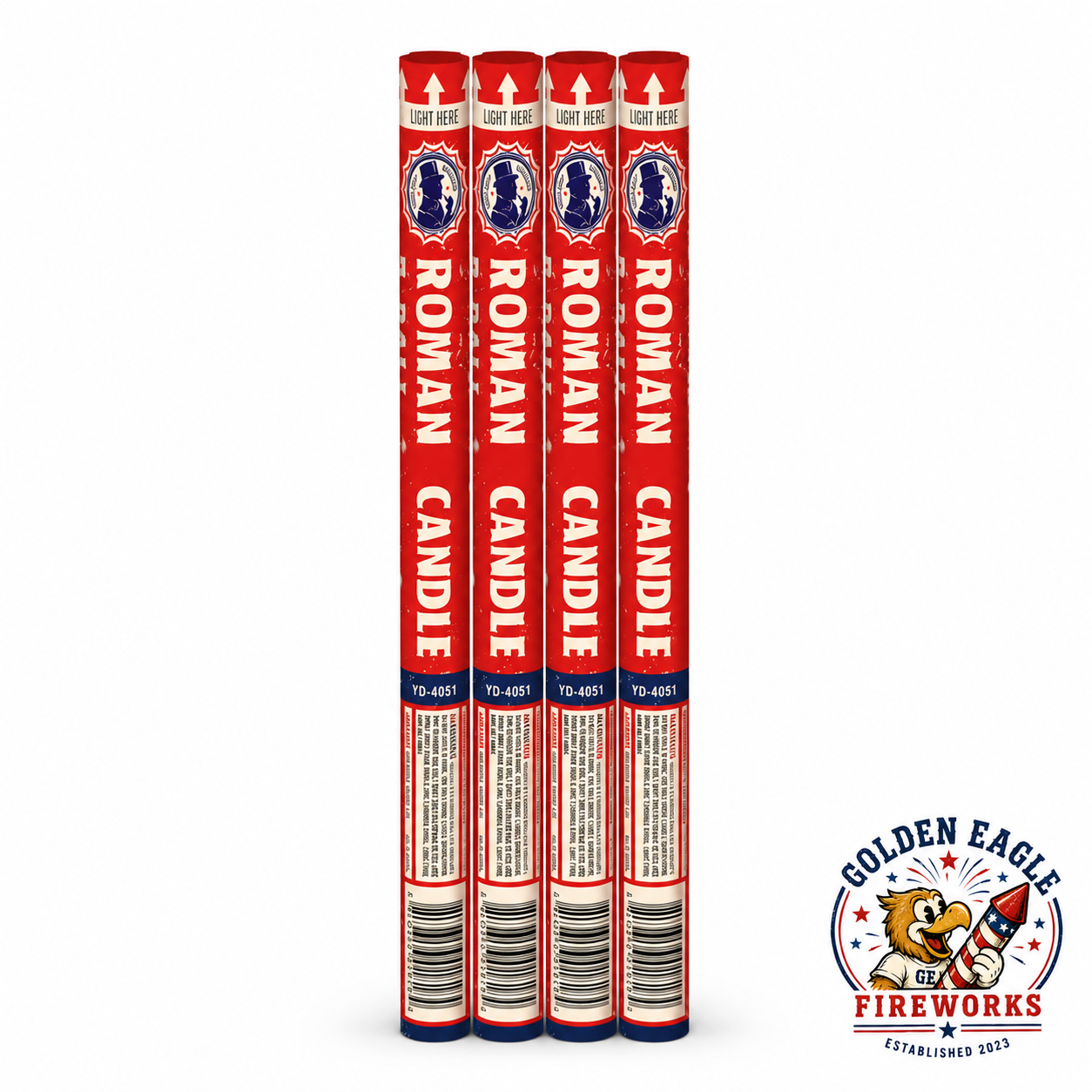 Roman Candle 4 pack featuring red patriotic tube design, easy-to-spot light here top, traditional Roman candle style, and celebration fireworks available at Golden Eagle Fireworks.