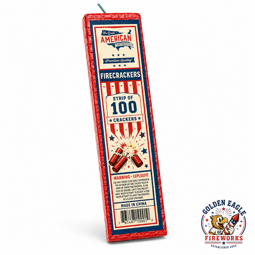 Golden Eagle Fireworks strip of 100 firecrackers by The Great American Fireworks Co., premium quality red foil firecracker strip with single fuse, consumer fireworks Houston TX