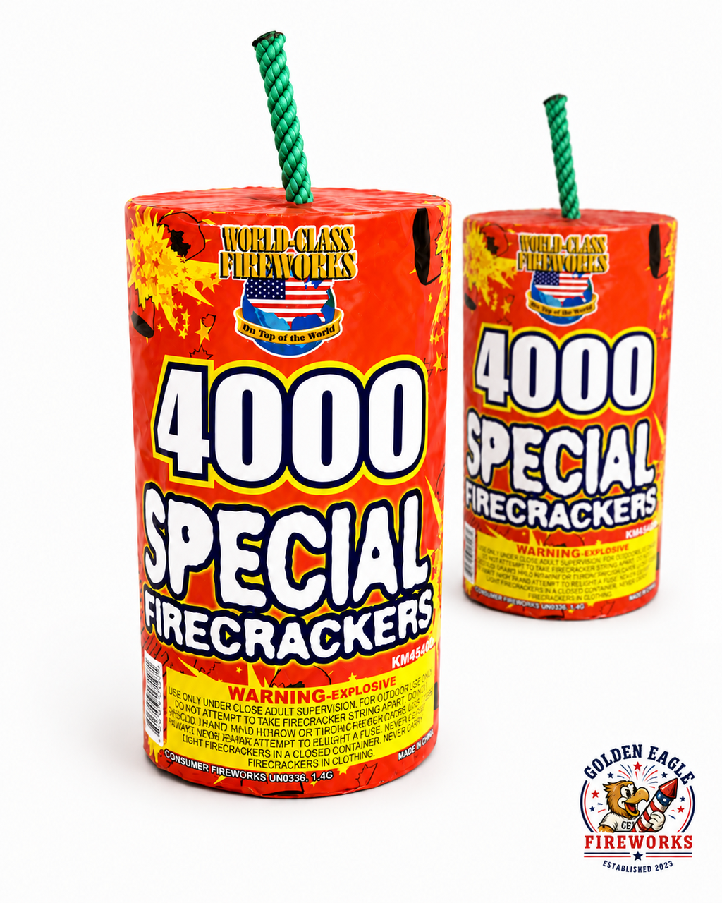 Two rolls of Golden Eagle Fireworks 4,000 Special Firecrackers by World-Class Fireworks, KM4540 consumer fireworks UN0336 1.4G shown front and back angle, Houston TX