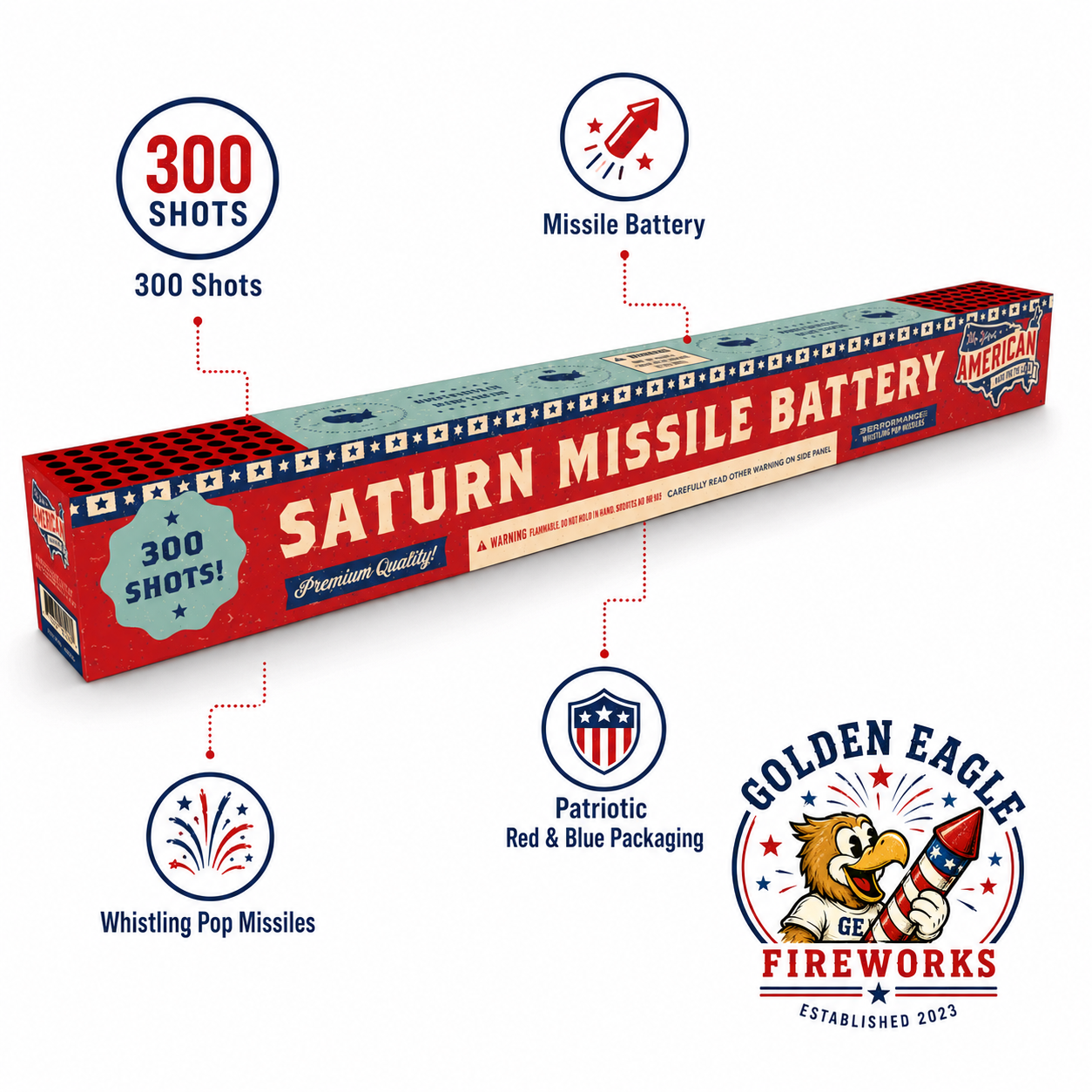 Golden Eagle Fireworks Saturn Missile Battery 300-shot whistling pop missiles by The Great American Fireworks Co., long strip design patriotic red blue packaging, Houston TX