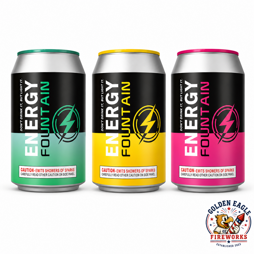 Energy Fountain can-style fireworks featuring 3 individual fountains in aqua, yellow, and pink designs, ground-based fountain style, clear caution labels, and celebration-ready fireworks available at Golden Eagle Fireworks.