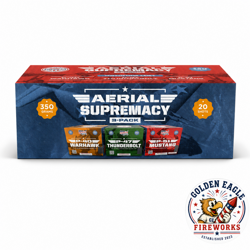 Aerial Supremacy 3 pack fireworks feature image showing three high-performance aerial cakes, 350 grams, 20 shots, P-40 Warhawk, P-47 Thunderbolt, P-51 Mustang, and patriotic fireworks from Golden Eagle Fireworks.