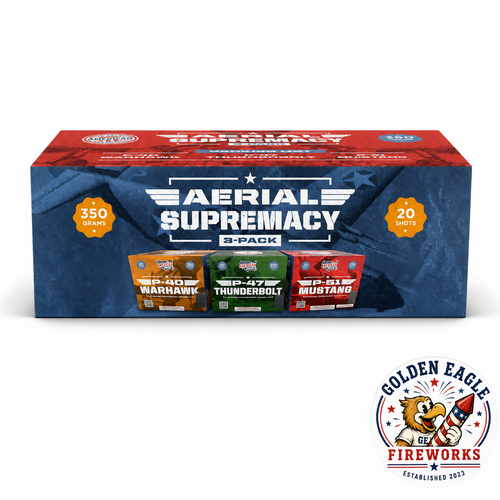 Aerial Supremacy 3 pack fireworks feature image showing three high-performance aerial cakes, 350 grams, 20 shots, P-40 Warhawk, P-47 Thunderbolt, P-51 Mustang, and patriotic fireworks from Golden Eagle Fireworks.