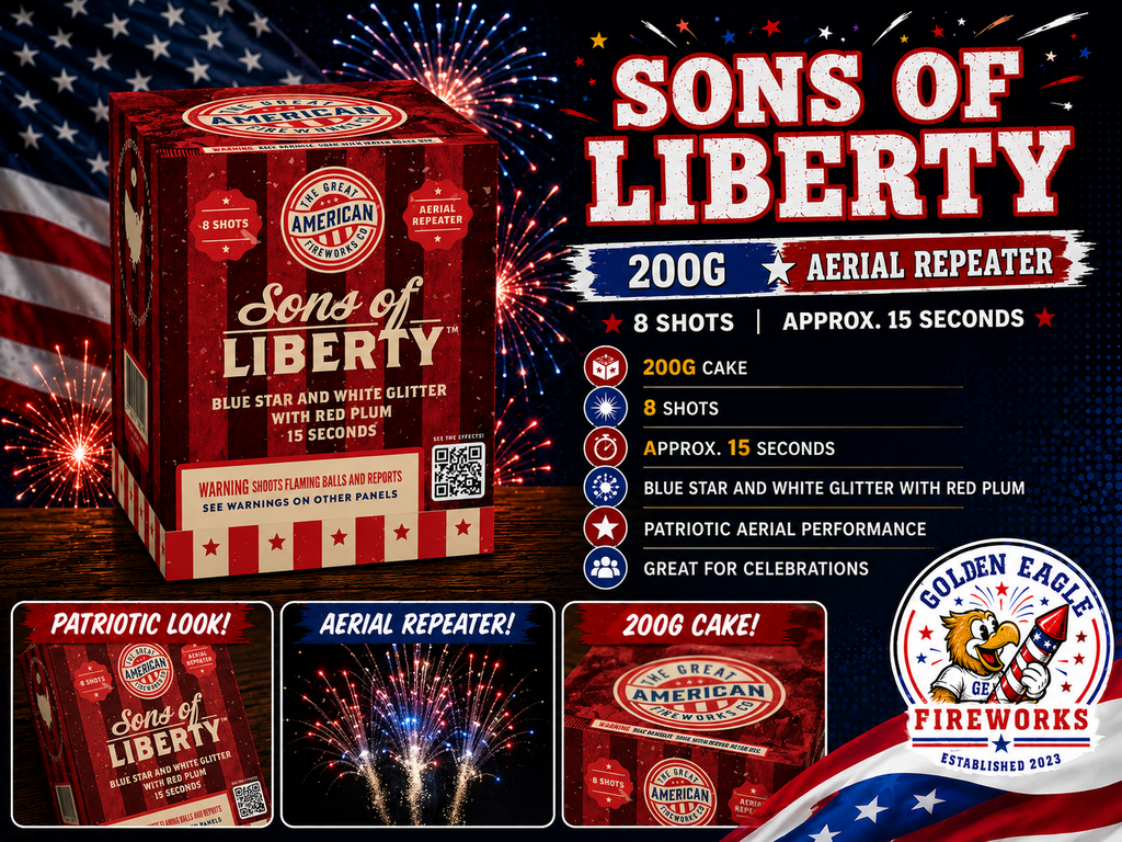Golden Eagle Fireworks Sons of Liberty 200g aerial repeater hero — 8 shots approximately 15 seconds, blue star and white glitter with red plum patriotic aerial performance, 4th of July Houston TX