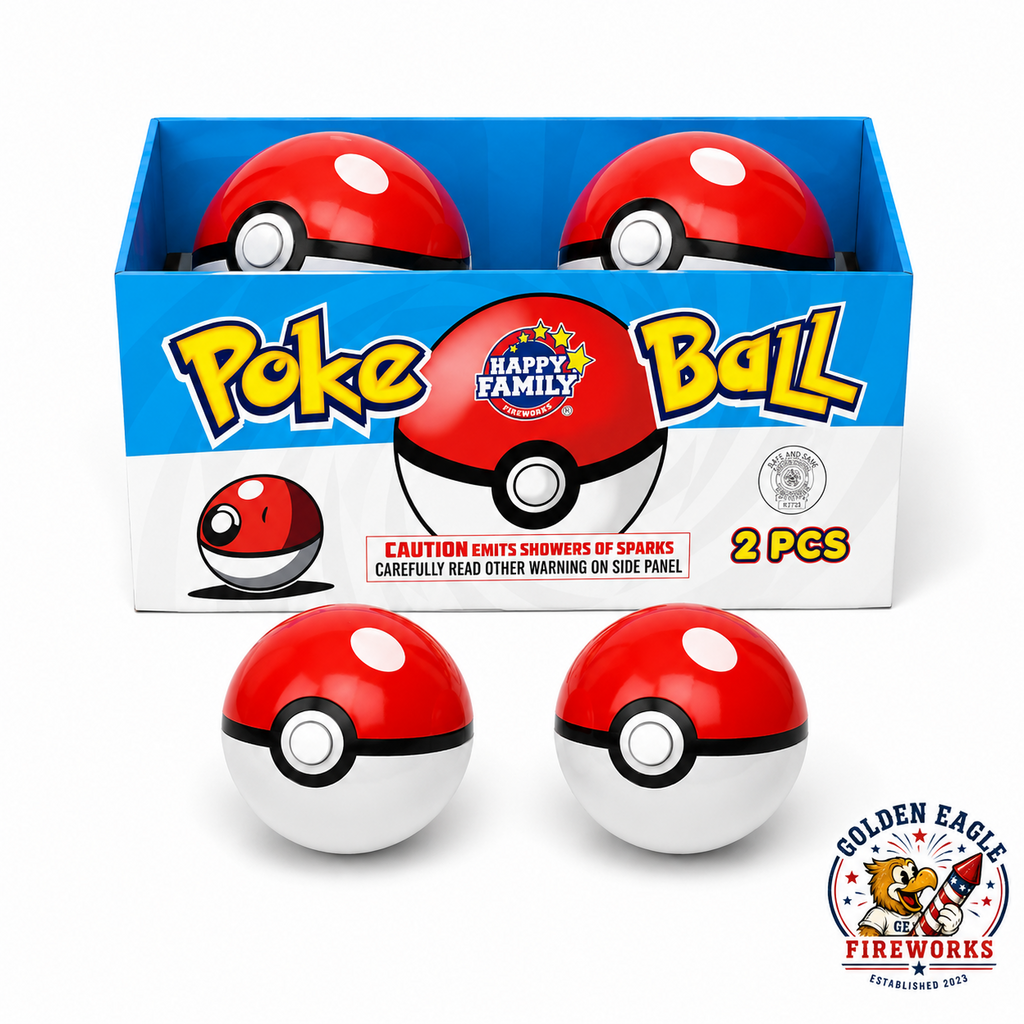 Poke Ball novelty fireworks item featuring a red and white ball-shaped design, bright display box packaging, two-piece tray presentation, and individually sold celebration fireworks available at Golden Eagle Fireworks.