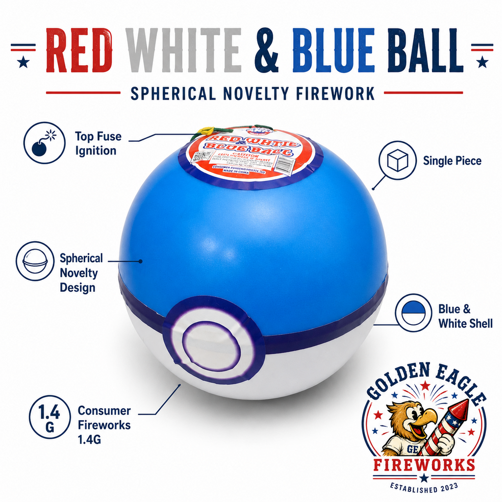 Red White & Blue Ball feature image showing a spherical novelty firework, blue and white shell design, top fuse ignition, consumer fireworks 1.4G label, and party fireworks from Golden Eagle Fireworks.