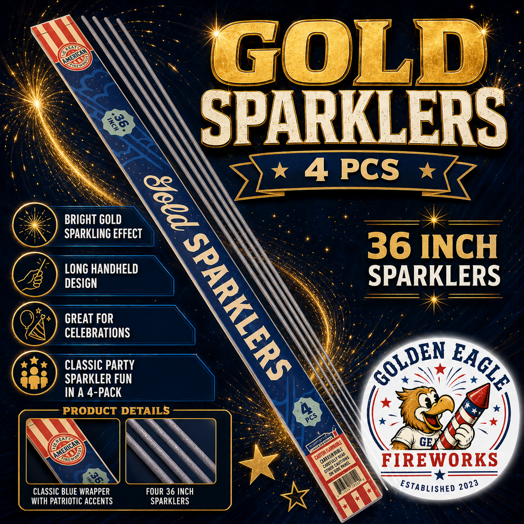 Gold Sparklers 36 inch infographic featuring 4 pcs, bright gold sparkling effect, long handheld design, classic party sparkler fun, patriotic packaging, and celebration fireworks details from Golden Eagle Fireworks.