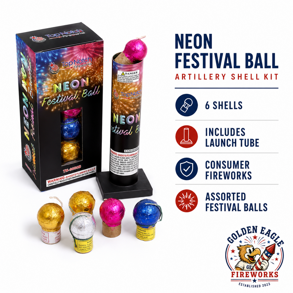 Neon Festival Ball artillery shell kit featuring 6 festival ball shells, launch tube, assorted colors, and consumer fireworks performance.