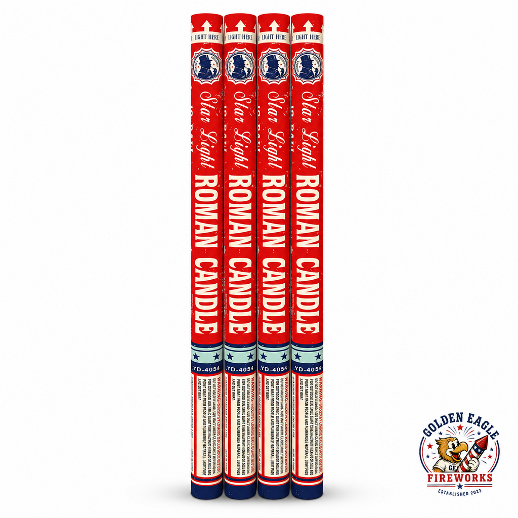 Star Light Roman Candle 4 pack featuring patriotic red, white, and blue tube design, traditional Roman candle style, easy-to-spot lighting end, and celebration fireworks available at Golden Eagle Fireworks.