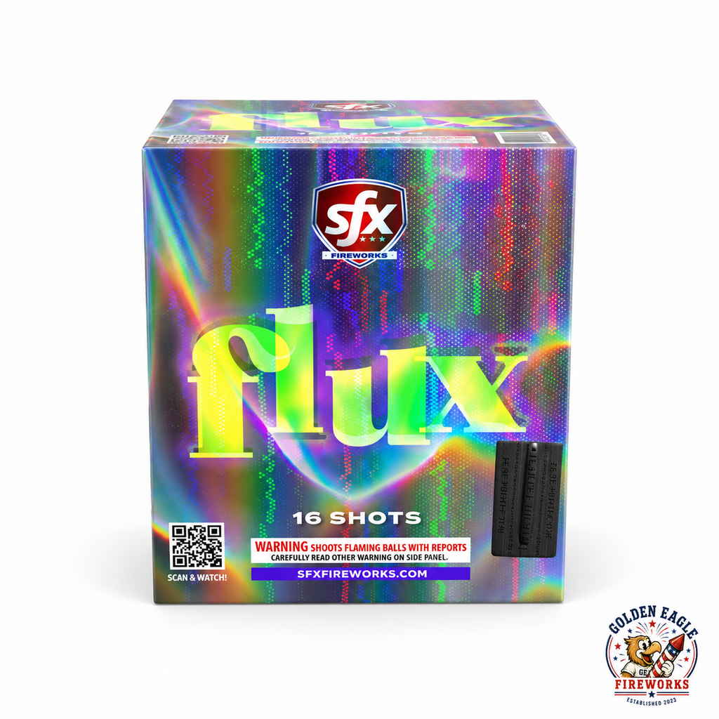 Golden Eagle Fireworks SFX Flux 200g fireworks cake, 16 shots shoots flaming balls with reports, holographic prismatic foil packaging by SFX Fireworks, Houston TX
