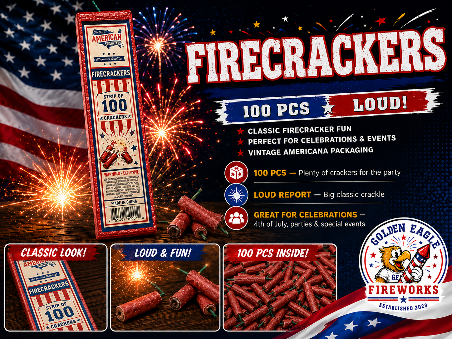 Golden Eagle Fireworks Blast Crackers strip of 100 firecrackers, loud report single fuse firecracker strip with vintage Americana packaging, perfect for 4th of July, parties, and special events in Houston TX