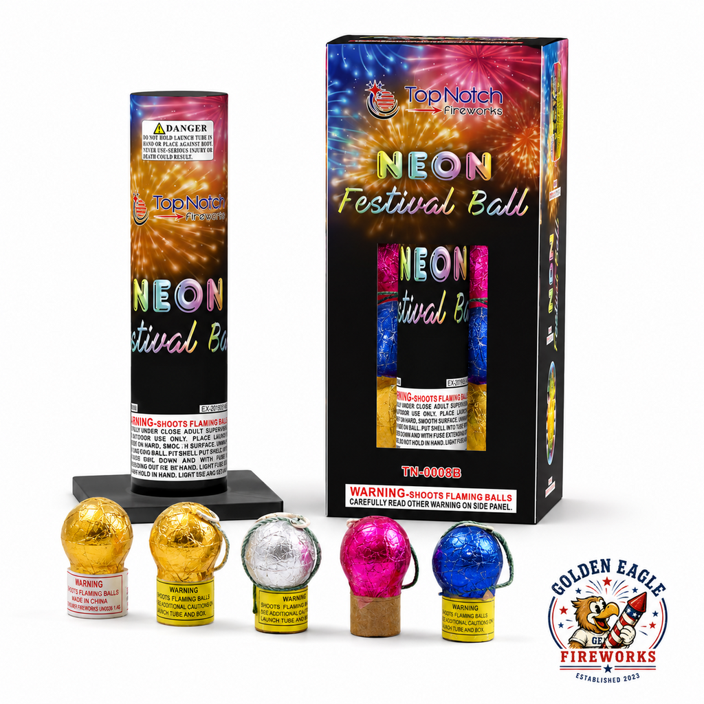 Neon Festival Ball artillery shell kit with 6 assorted festival ball shells, launch tube included, colorful consumer fireworks assortment.