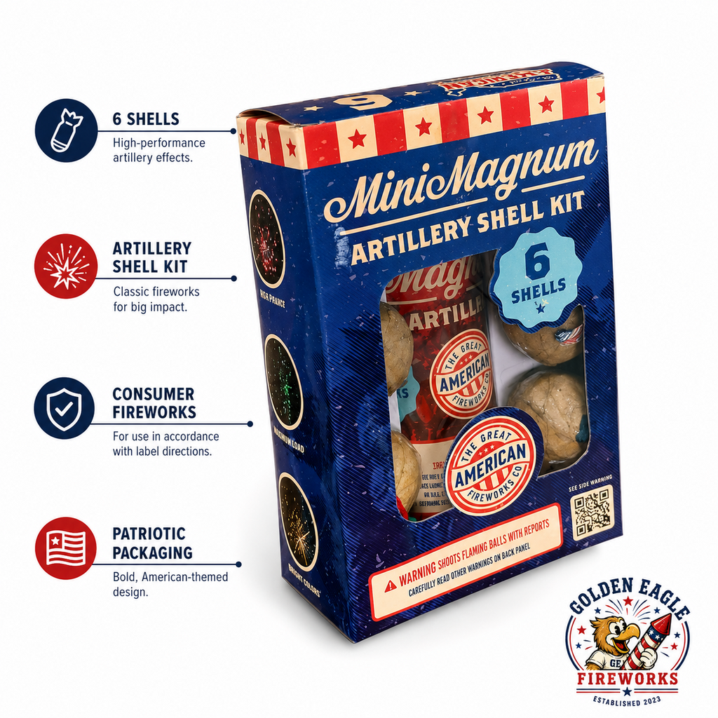Mini Magnum reloadable artillery shell kit with 6 shells, patriotic packaging, and classic aerial shell performance from Golden Eagle Fireworks.