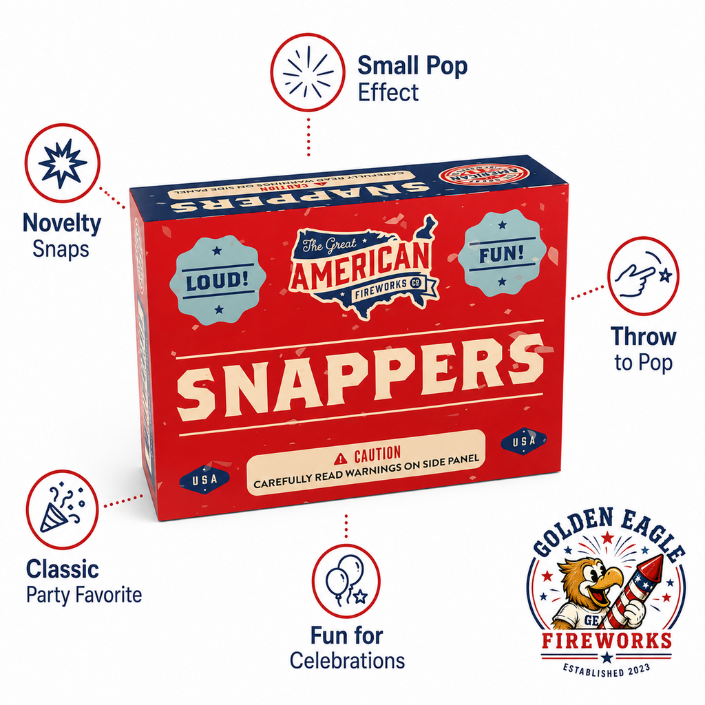 Snappers novelty fireworks feature image showing small pop effect, throw-to-pop use, classic party favorite design, and fun celebration fireworks from Golden Eagle Fireworks.