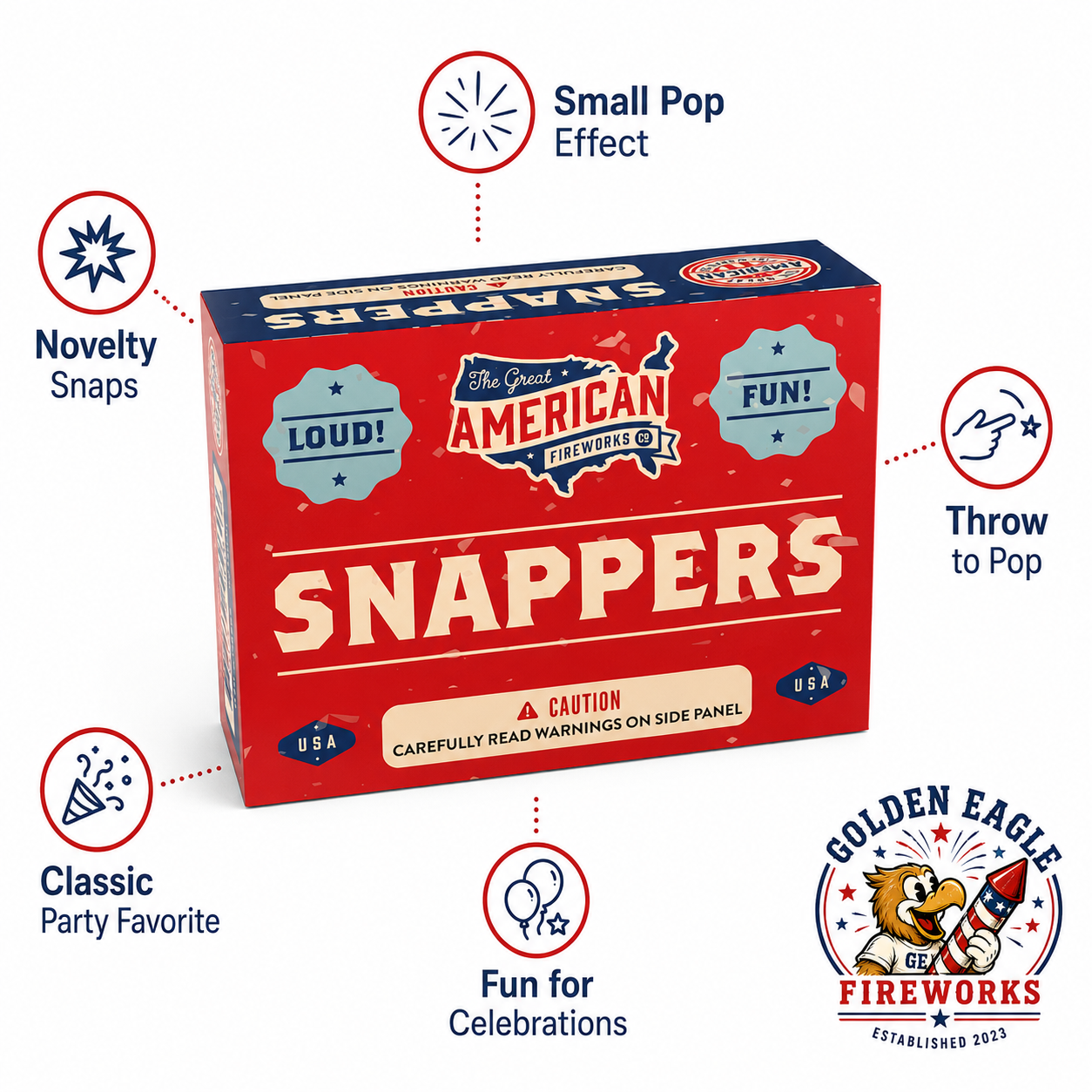 Snappers novelty fireworks feature image showing small pop effect, throw-to-pop use, classic party favorite design, and fun celebration fireworks from Golden Eagle Fireworks.