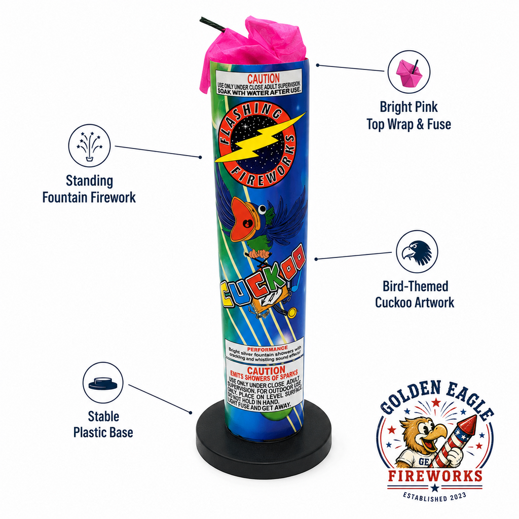 Cuckoo standing fountain firework feature image showing bright pink top wrap and fuse, bird-themed Cuckoo artwork, standing fountain design, and stable plastic base from Golden Eagle Fireworks.